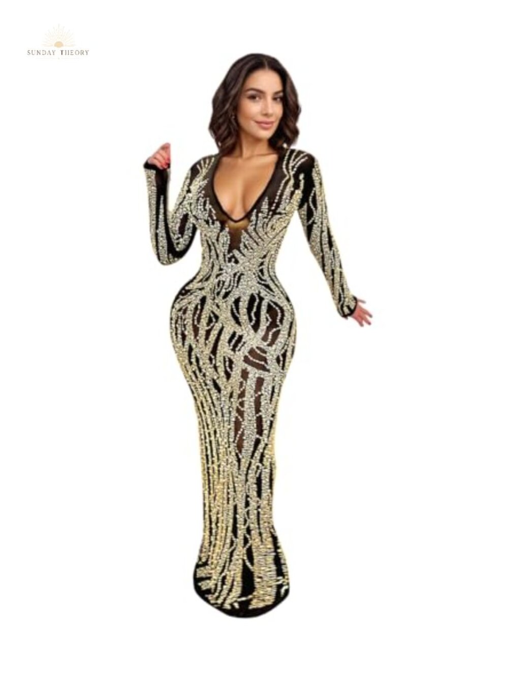 Rhinestone Party Club Night Formal Dress for Women Long Sleeve V-Neck